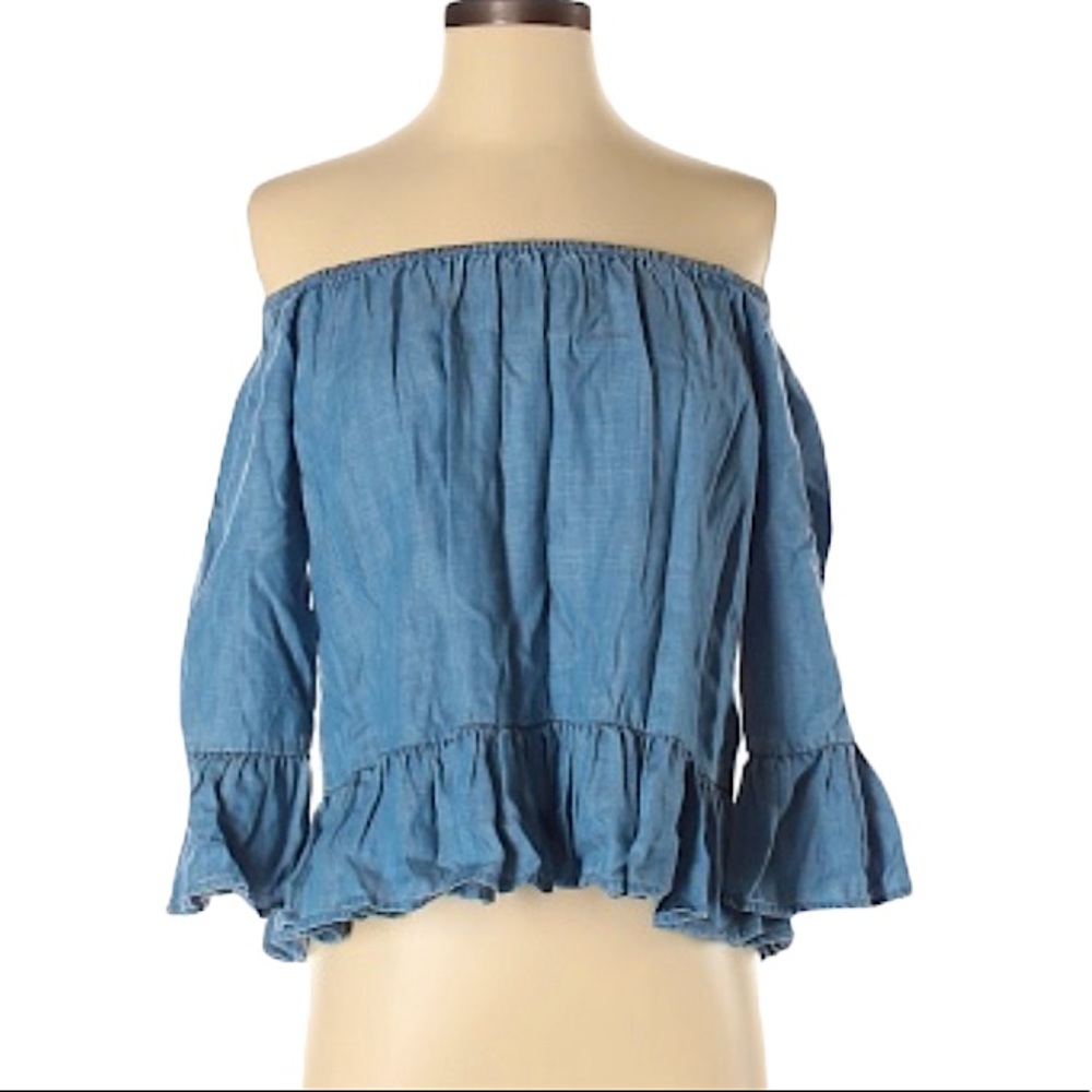 GIANNI BINI HERITAGE WASH DENIM OFF SHOULDER BELL SLEEVE TOP